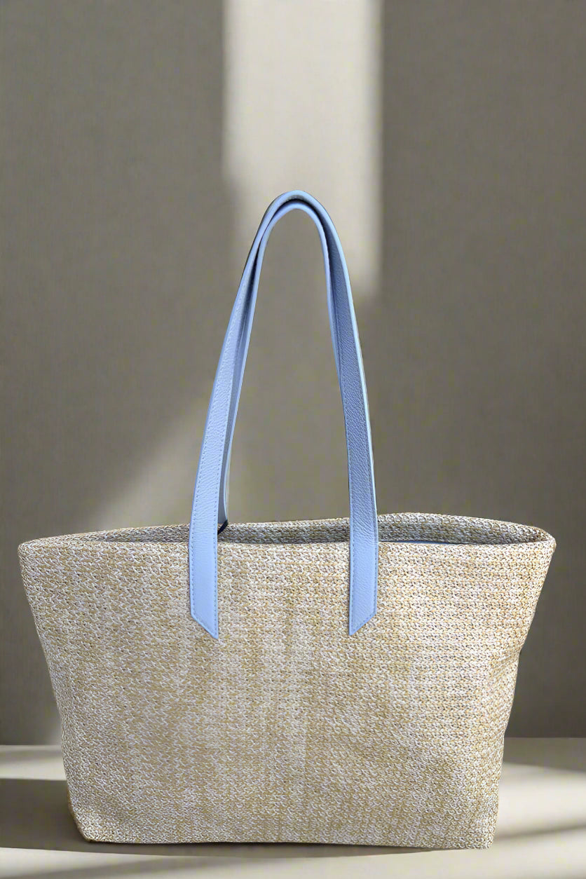 Gea Handbag in Raffia with Light Blue Leather Handle - Mildred Hoit