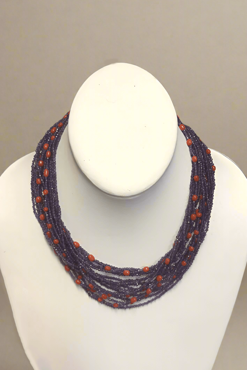 Amethyst and Coral Long Multi-Strand Necklace - Mildred Hoit