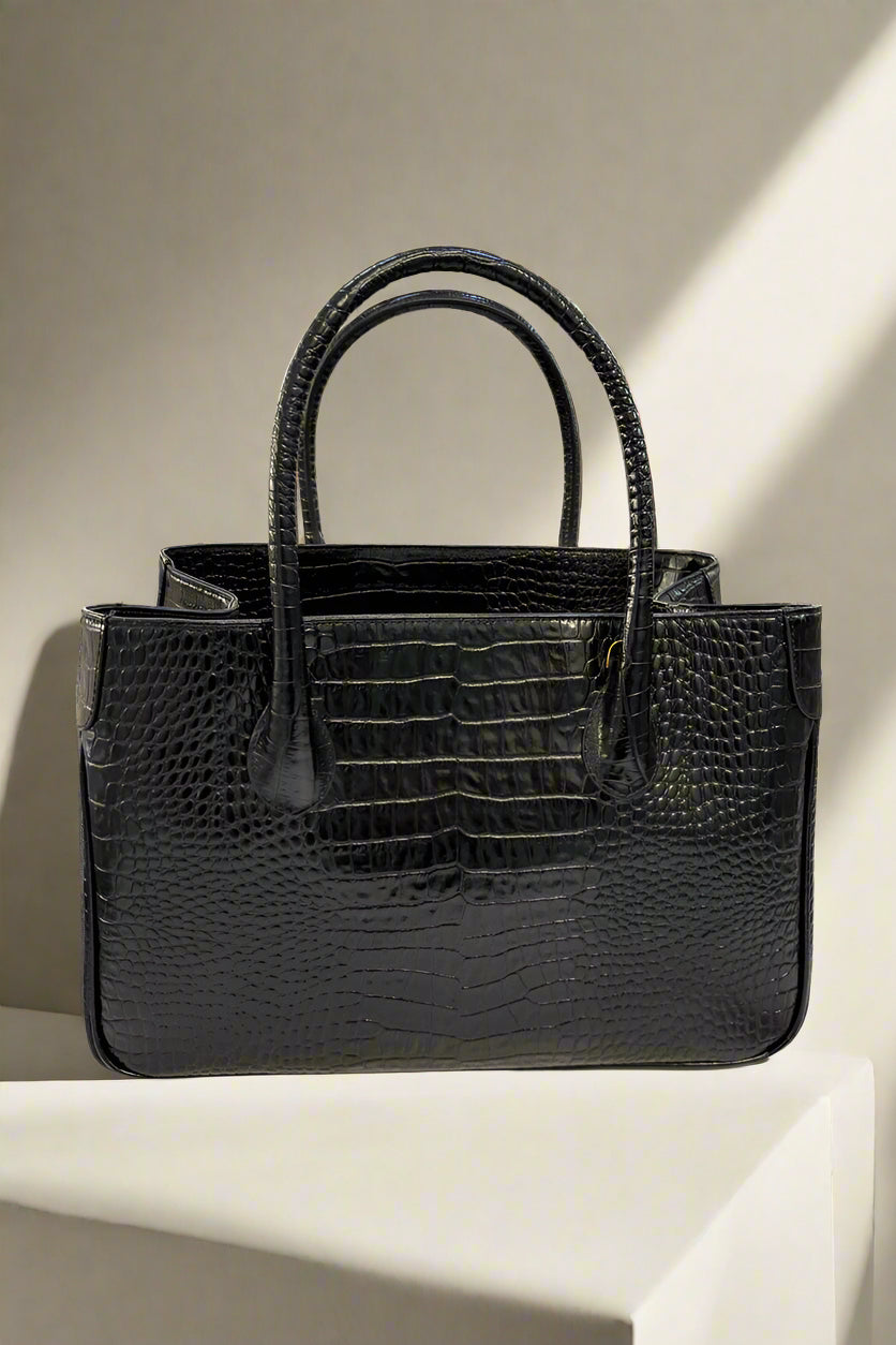 Large Leather Crocodile Embossed Handbag in Black - Mildred Hoit