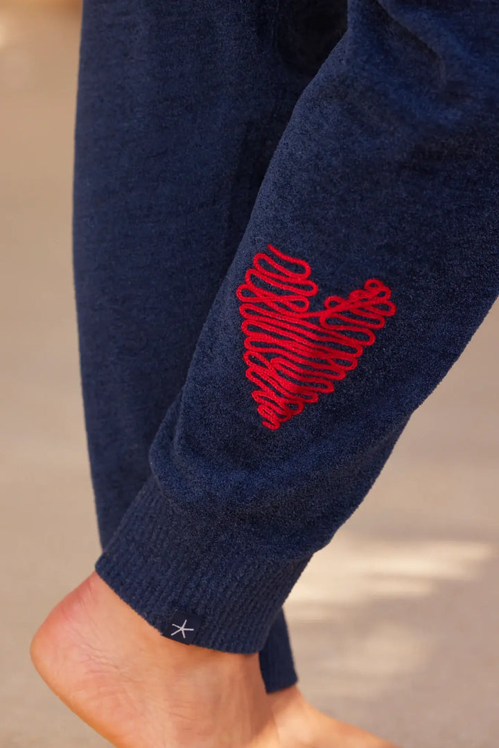 Navy Blue Embroidered Heart Print Pants - Mildred Hoit