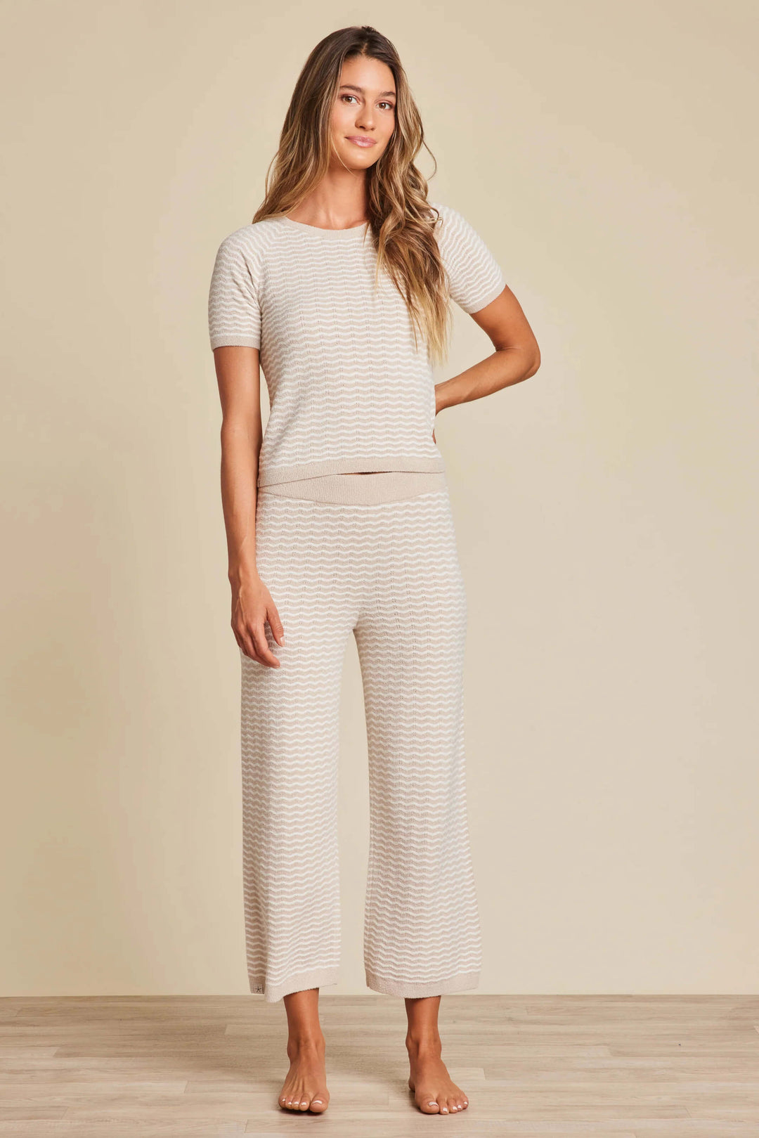 Barefoot Dreams Pointelle Short Sleeve Top in Stone and Pearl - Mildred Hoit
