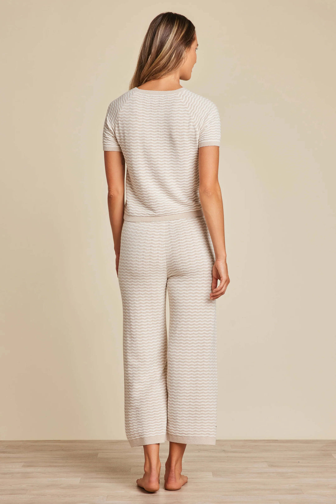 Barefoot Dreams Pointelle Short Sleeve Top in Stone and Pearl - Mildred Hoit