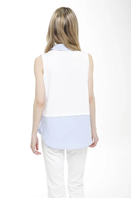 Sleeveless Tank Shirt in White and Chambray - Mildred Hoit