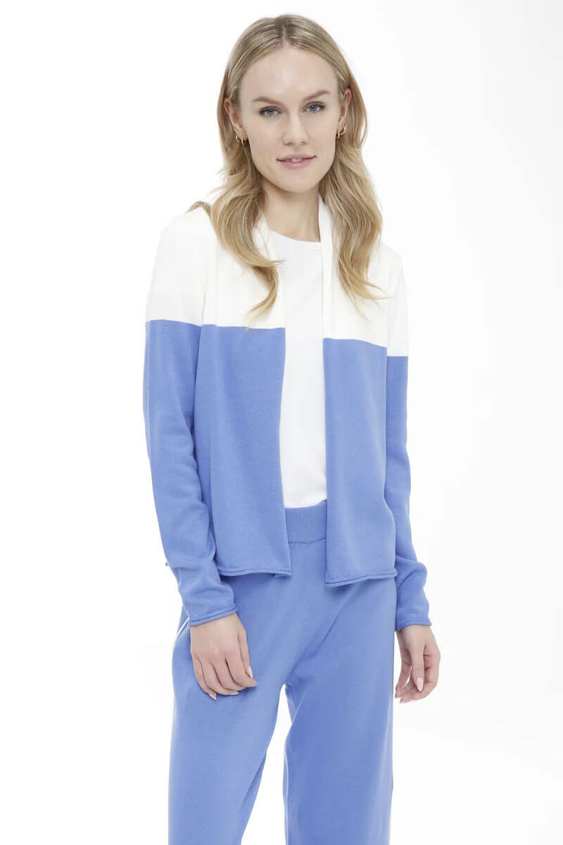 Long Sleeve Color Block Open Cardigan in Blue and White - Mildred Hoit