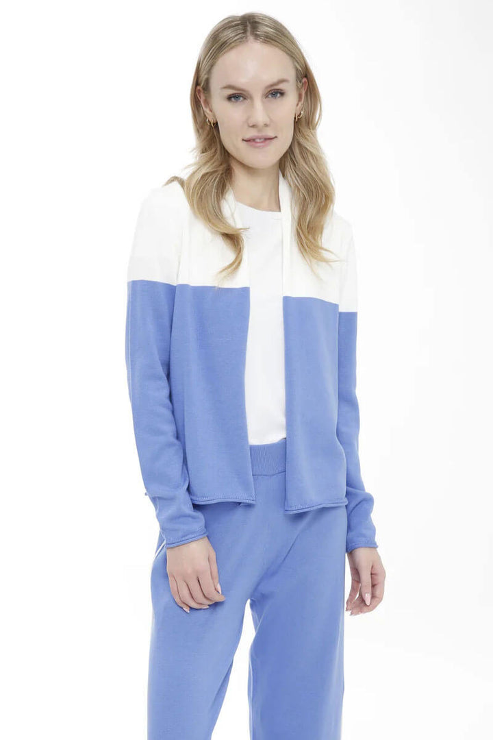 Long Sleeve Color Block Open Cardigan in Blue and White - Mildred Hoit