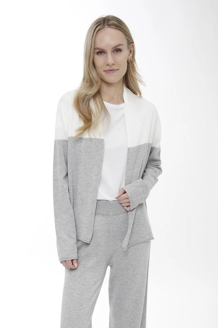 Long Sleeve Color Block Cardigan in Grey and White - Mildred Hoit