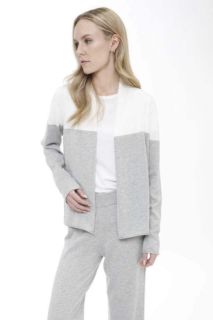 Long Sleeve Color Block Cardigan in Grey and White - Mildred Hoit