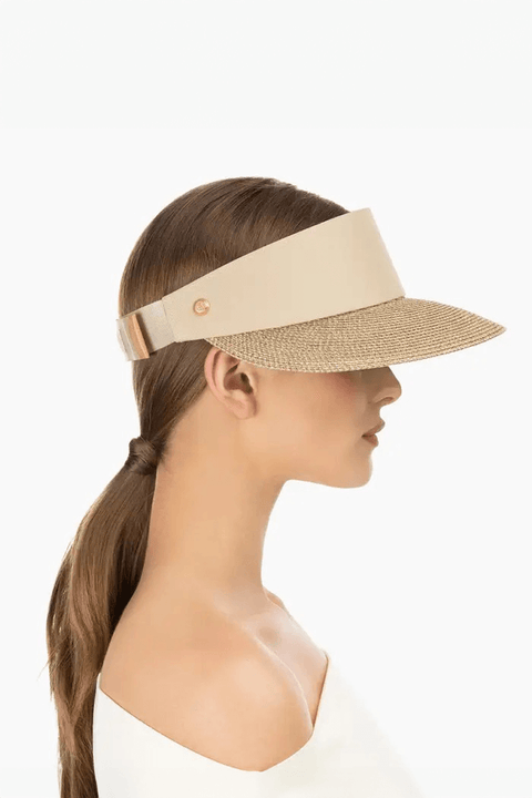 Eric Javits Champ Visor in Gold and Sand available at Mildred Hoit in Palm Beach.