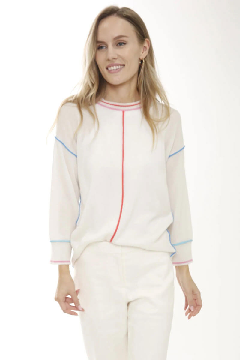 Cashmere Pullover Sweater with Multi-Color Trim available at Mildred Hoit in Palm Beach.