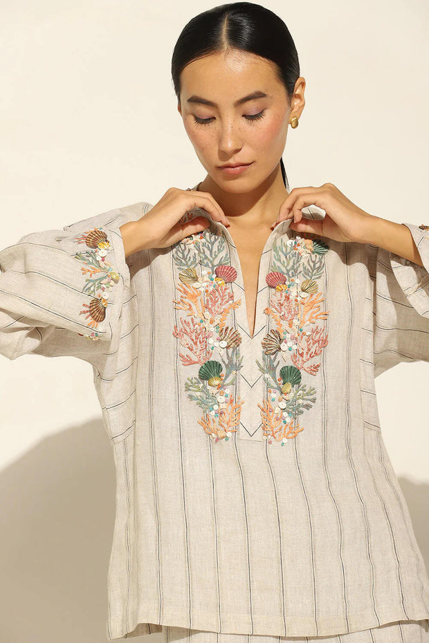 Fia Boho Blouse with Coral Reef Embroidery available at Mildred Hoit in Palm Beach.