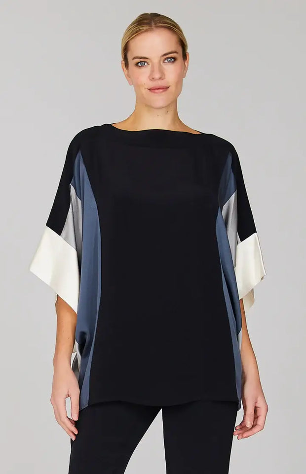 Emmelle Silk Tunic with Contrast Silk Bands in Storm/Pebble/Pearl