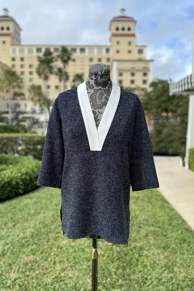 Emmelle Textured V-Neck Tunic in Midnight Blue available at Mildred Hoit in Palm Beach.