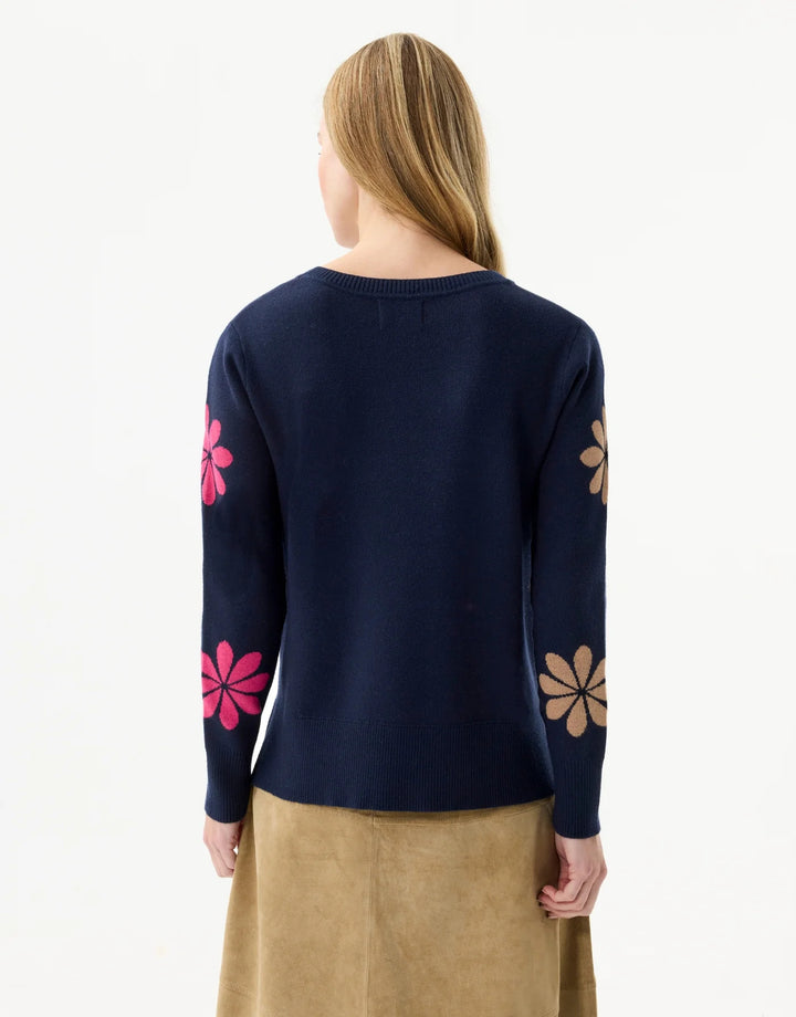 Leo & Ugo Multicolored Flower Pattern Sweater in Navy