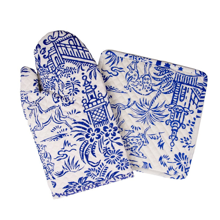 Pagoda Toile Blue & White Oven Mitts And Pot Holders Set - Mildred Hoit