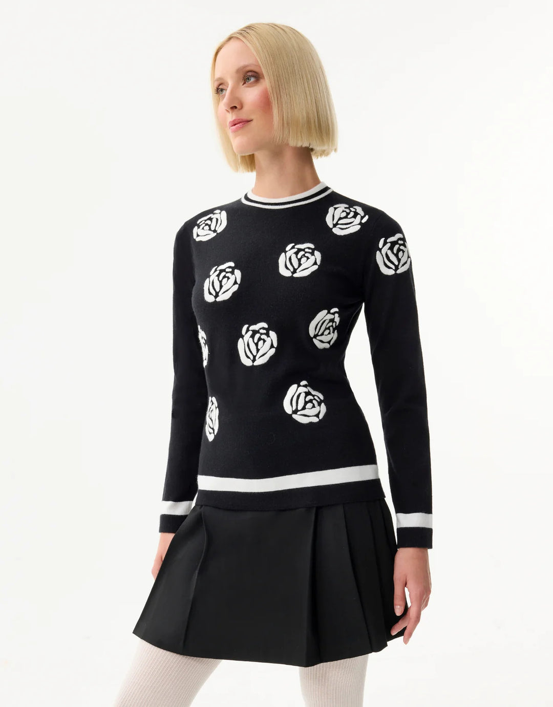 Leo & Ugo Sweater with Contrasting Rose Pattern in Black