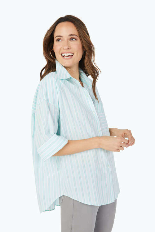Side view - Foxcroft Costal Stripe Top available at Mildred Hoit.