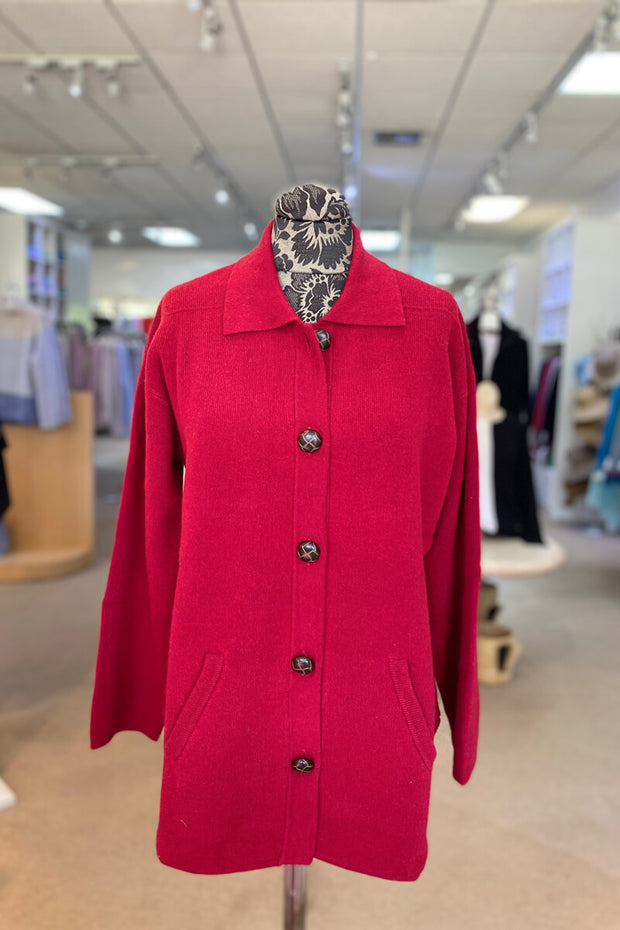 Cashmere Button Down Jacket in Ruby available at Mildred Hoit in Palm Beach.