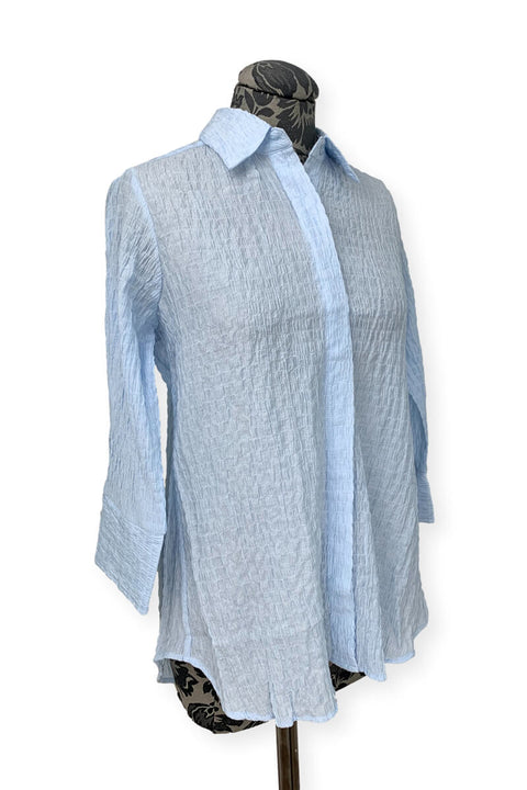 Boho Chic Button Down Crinkle Blouse in Blue available at Mildred Hoit in Palm Beach.