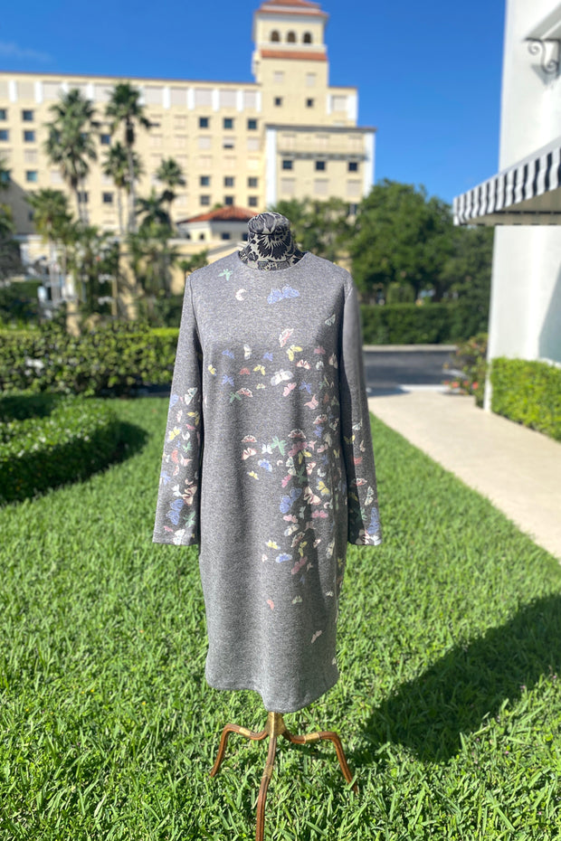 Mi Jong Lee Light Grey Dress with Butterflies available at Mildred Hoit in Palm Beach.