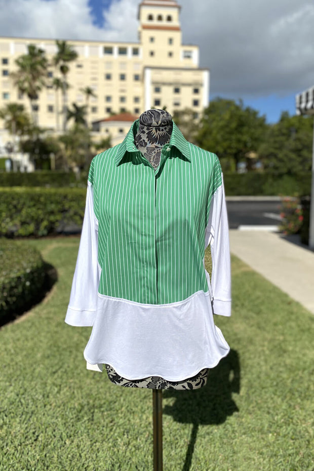 Italian Pinstripe Blouse in Emerald Green and White available at Mildred Hoit in Palm Beach.