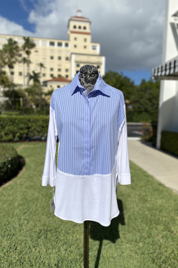 Italian Pinstripe Blouse in French Blue and White available at Mildred Hoit in Palm Beach.