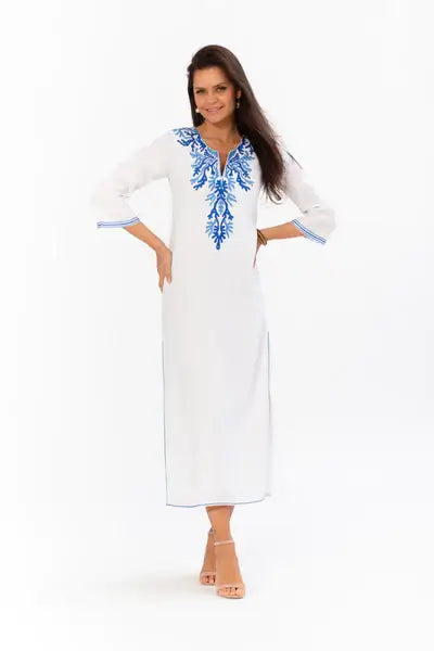 Sulu Catalina Maxi Dress in White and Blue available at Mildred Hoit in Palm Beach.