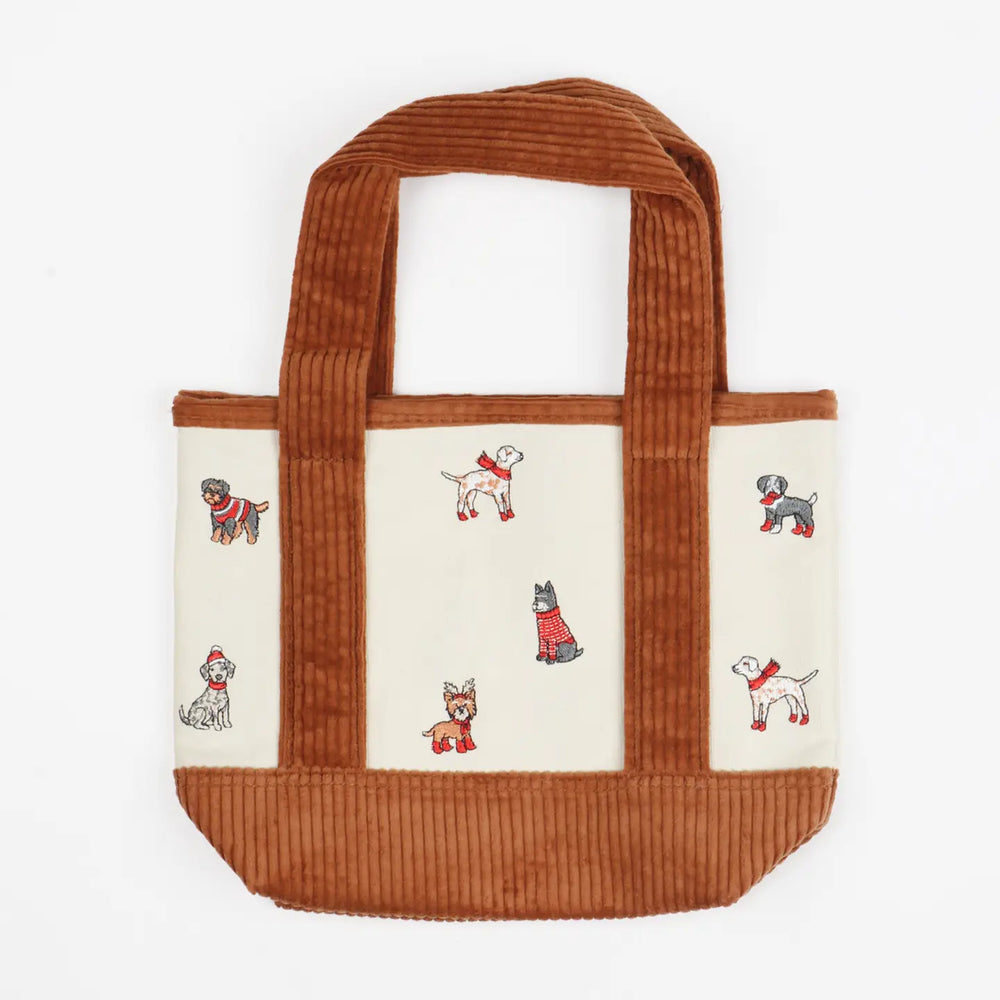 Christmas Dogs Embroidered Corduroy Tote Bag in Brown - Mildred Hoit