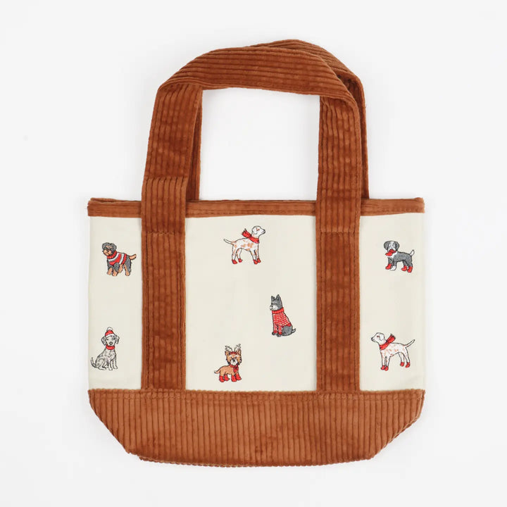 Christmas Dogs Embroidered Corduroy Tote Bag in Brown - Mildred Hoit