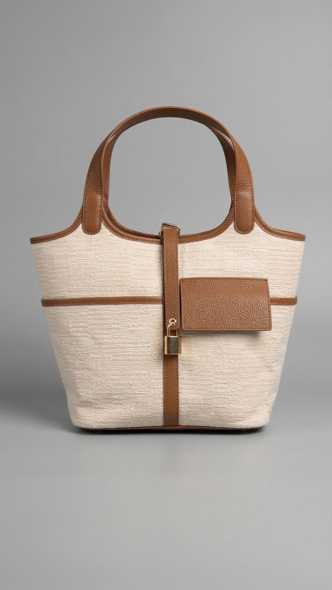 075 Bag in Light Brown Leather with Canvas - Mildred Hoit