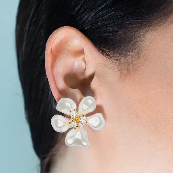 Kenneth Jay Lane Pearl Flower With Crystal Center Earrings - Mildred Hoit