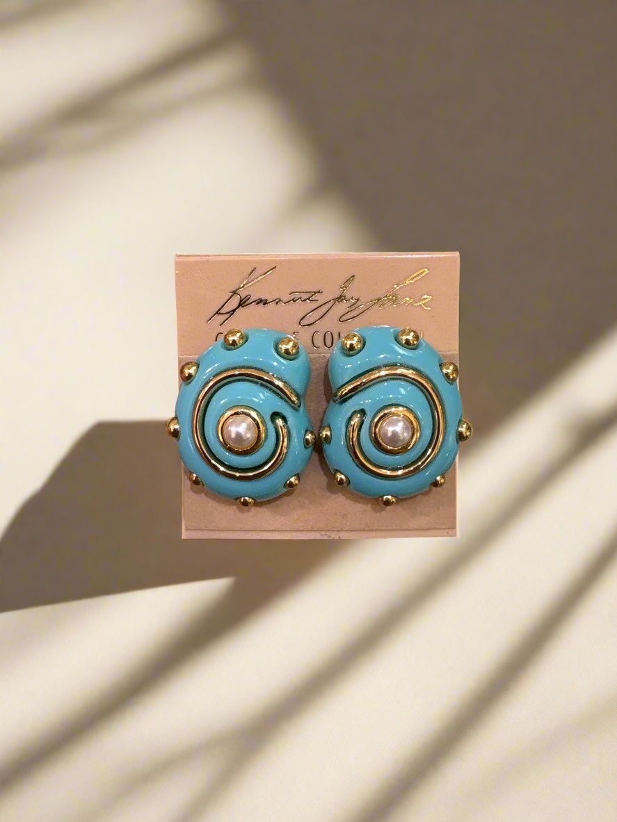 Kenneth Jay Lane Turquoise Snail Earrings with Gold Dots Earrings - Mildred Hoit