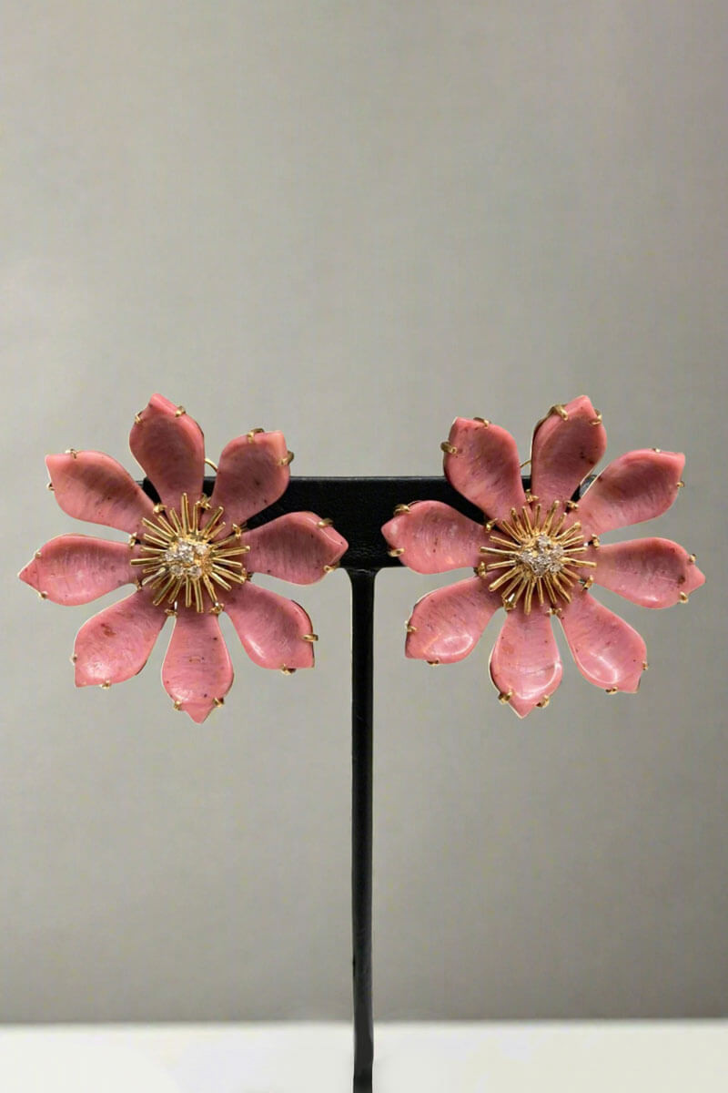 Rhodonite Flower Earrings with Diamonds - Mildred Hoit