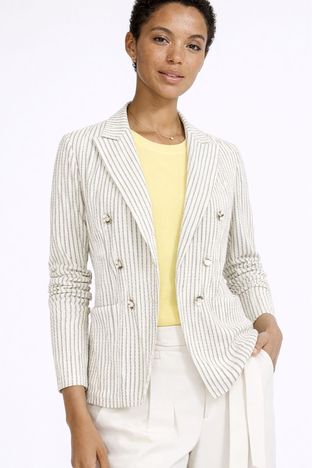 J'envie Long Sleeve Calypso Blazer in White & Black - Mildred Hoit
