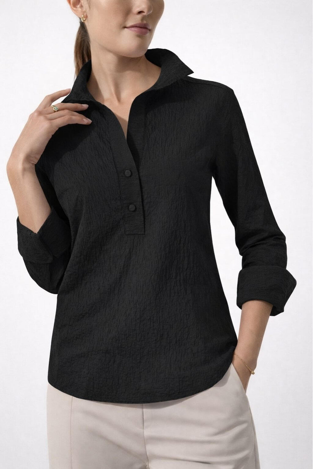 J'envie Delphine Pop-Over Collared Blouse in Black - Mildred Hoit