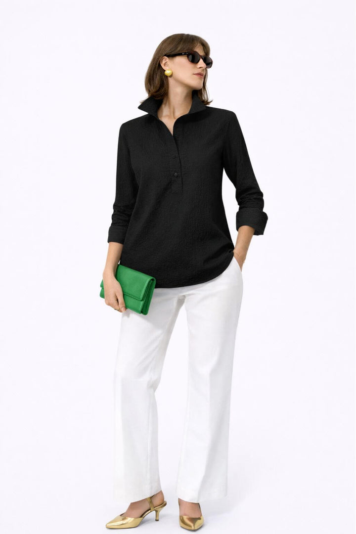 J'envie Delphine Pop-Over Collared Blouse in Black - Mildred Hoit
