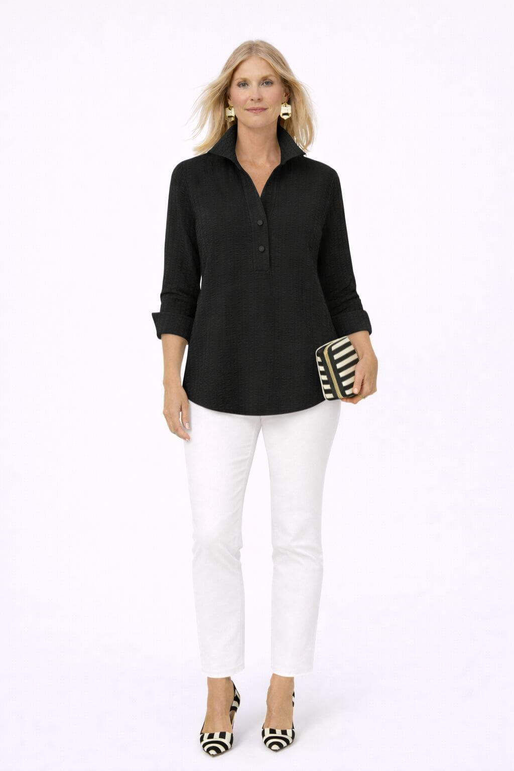 J'envie Delphine Pop-Over Collared Blouse in Black - Mildred Hoit