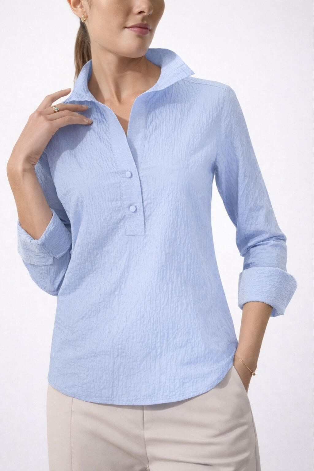 J'envie Delphine Pop-Over Collared Blouse in Chambray - Mildred Hoit