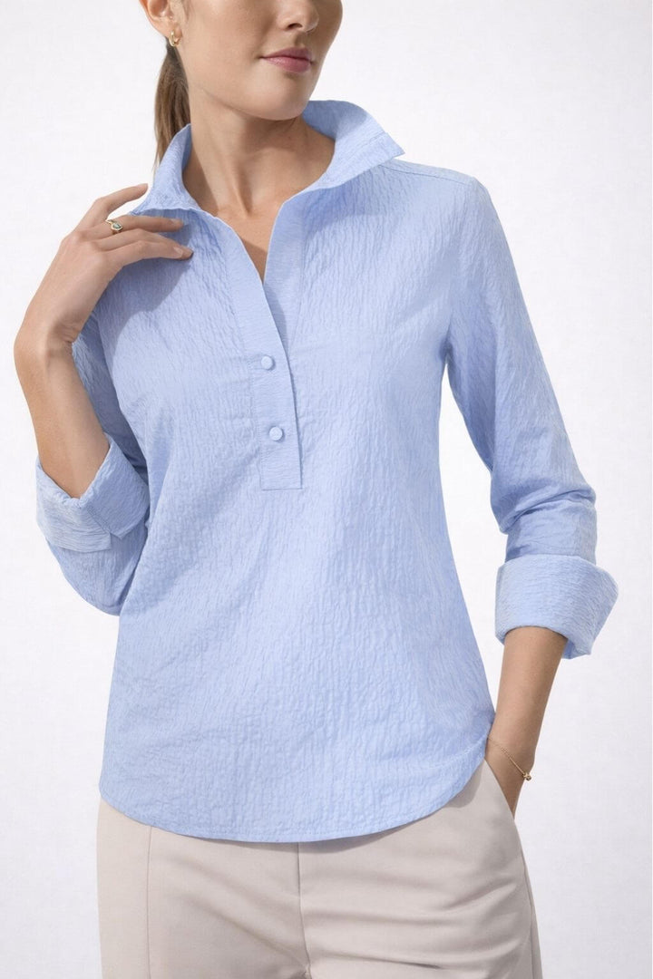 J'envie Delphine Pop-Over Collared Blouse in Chambray - Mildred Hoit
