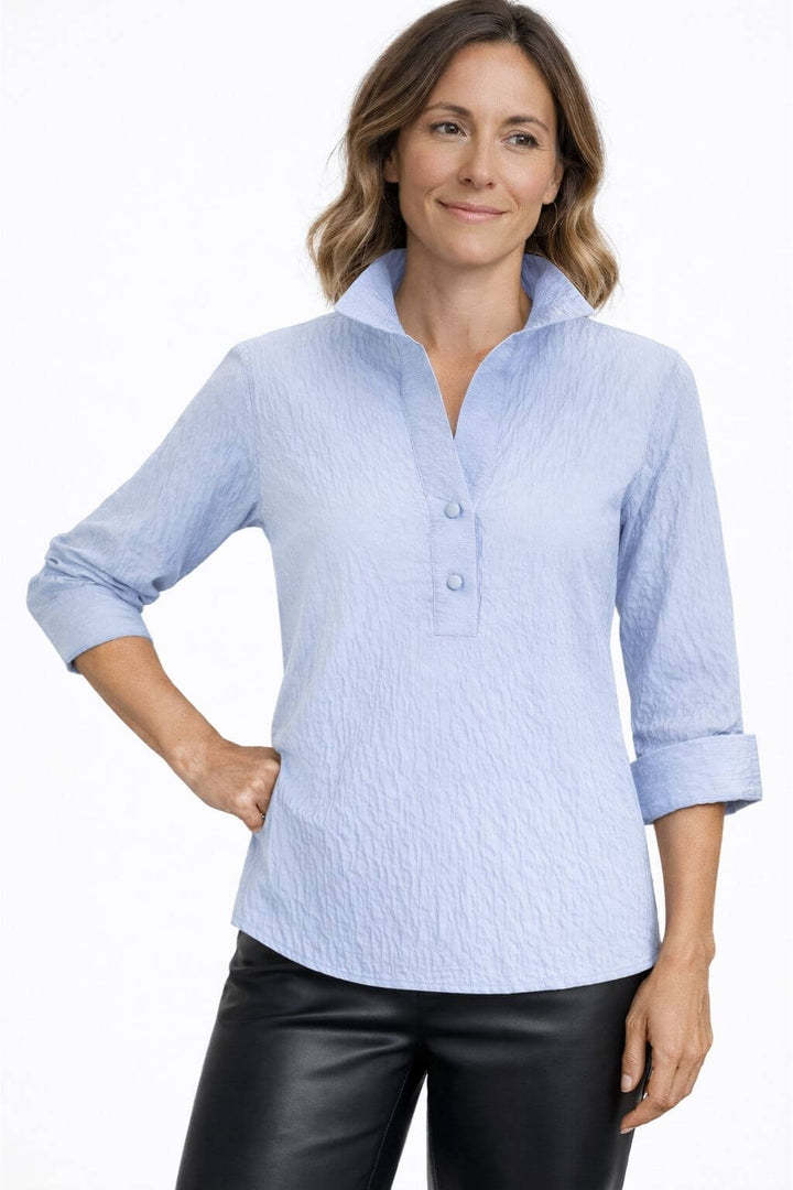J'envie Delphine Pop-Over Collared Blouse in Chambray - Mildred Hoit
