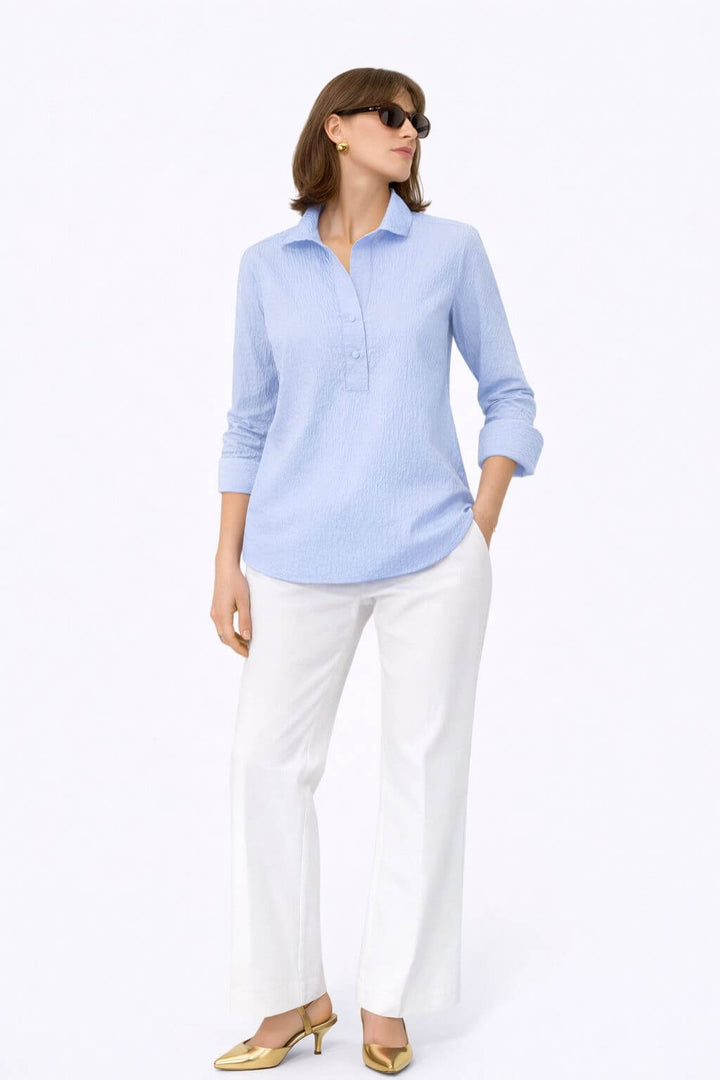 J'envie Delphine Pop-Over Collared Blouse in Chambray - Mildred Hoit