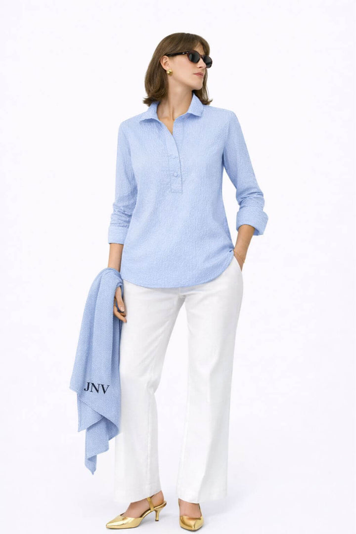 J'envie Delphine Pop-Over Collared Blouse in Chambray - Mildred Hoit