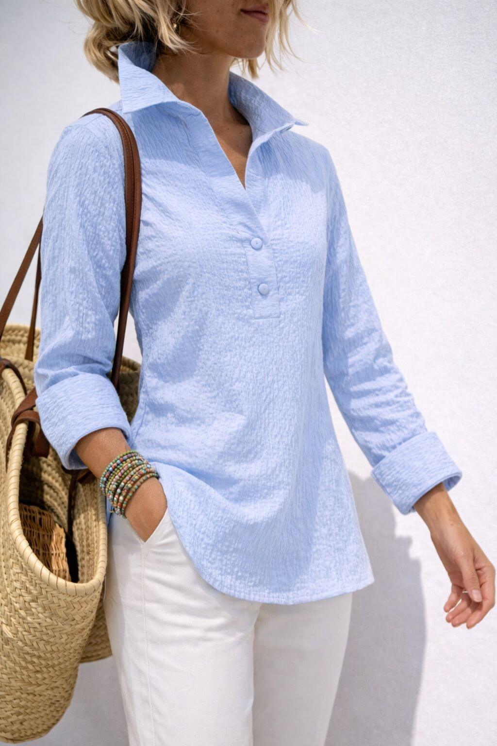 J'envie Delphine Pop-Over Collared Blouse in Chambray - Mildred Hoit
