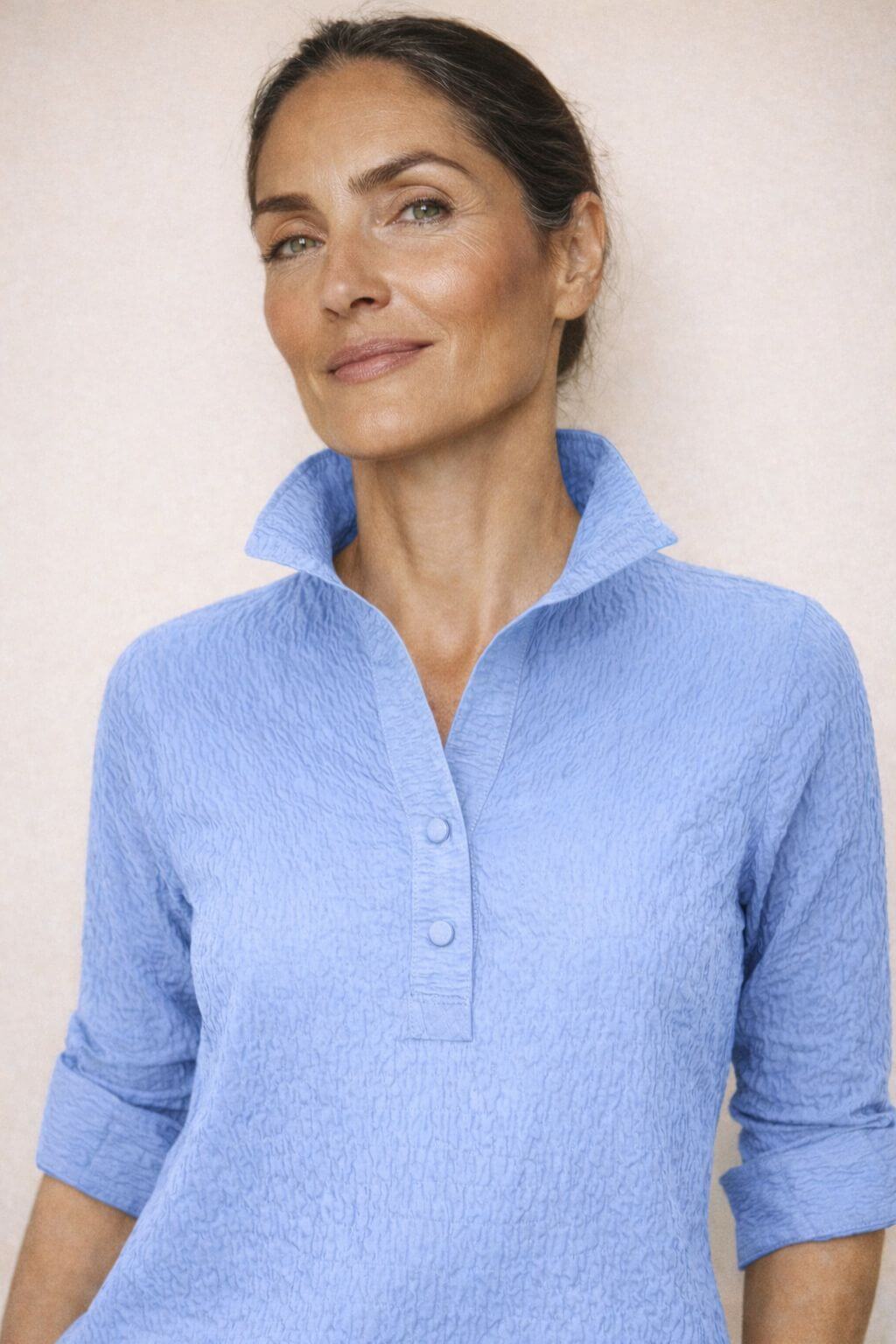 J'envie Delphine Pop-Over Collared Blouse in Chambray - Mildred Hoit