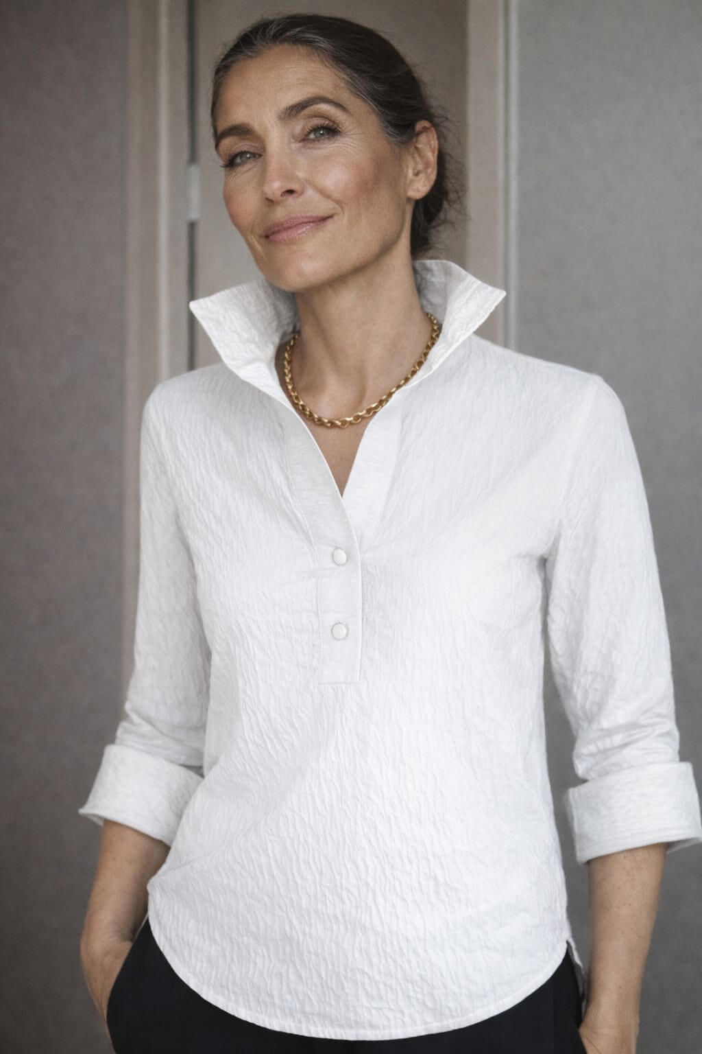 J'envie Delphine Pop-Over Collared Blouse in White - Mildred Hoit