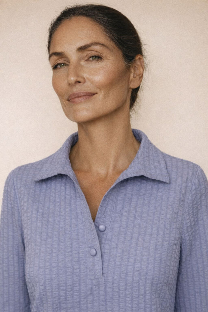 J'envie Odyssey Pop-Over Collared Blouse in Chambray - Mildred Hoit