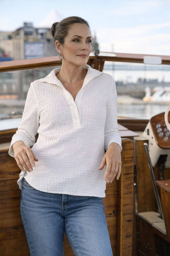 J'envie Odyssey Pop-Over Collared Blouse in White - Mildred Hoit
