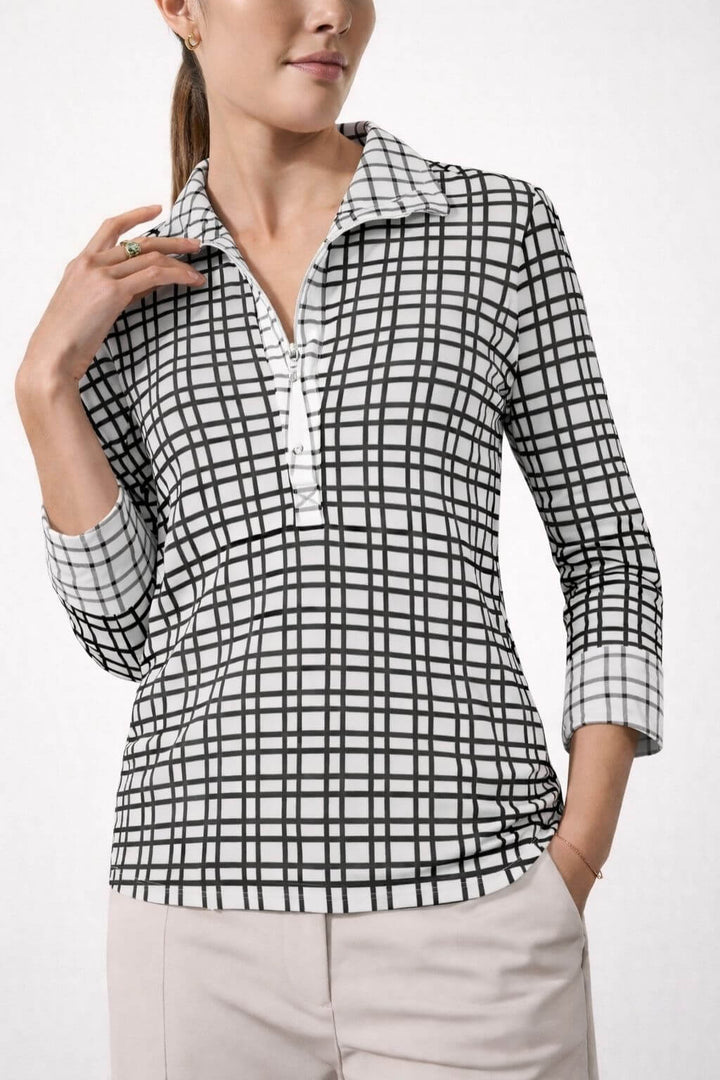 J'envie Odyssey Pop-Over Collared Blouse in White & Black - Mildred Hoit