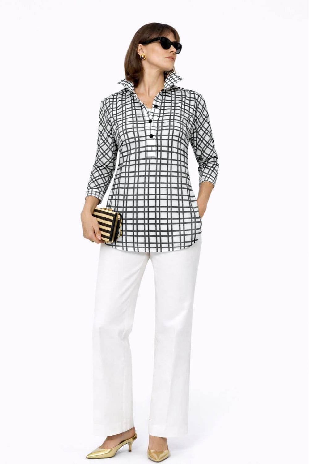 J'envie Odyssey Pop-Over Collared Blouse in White & Black - Mildred Hoit