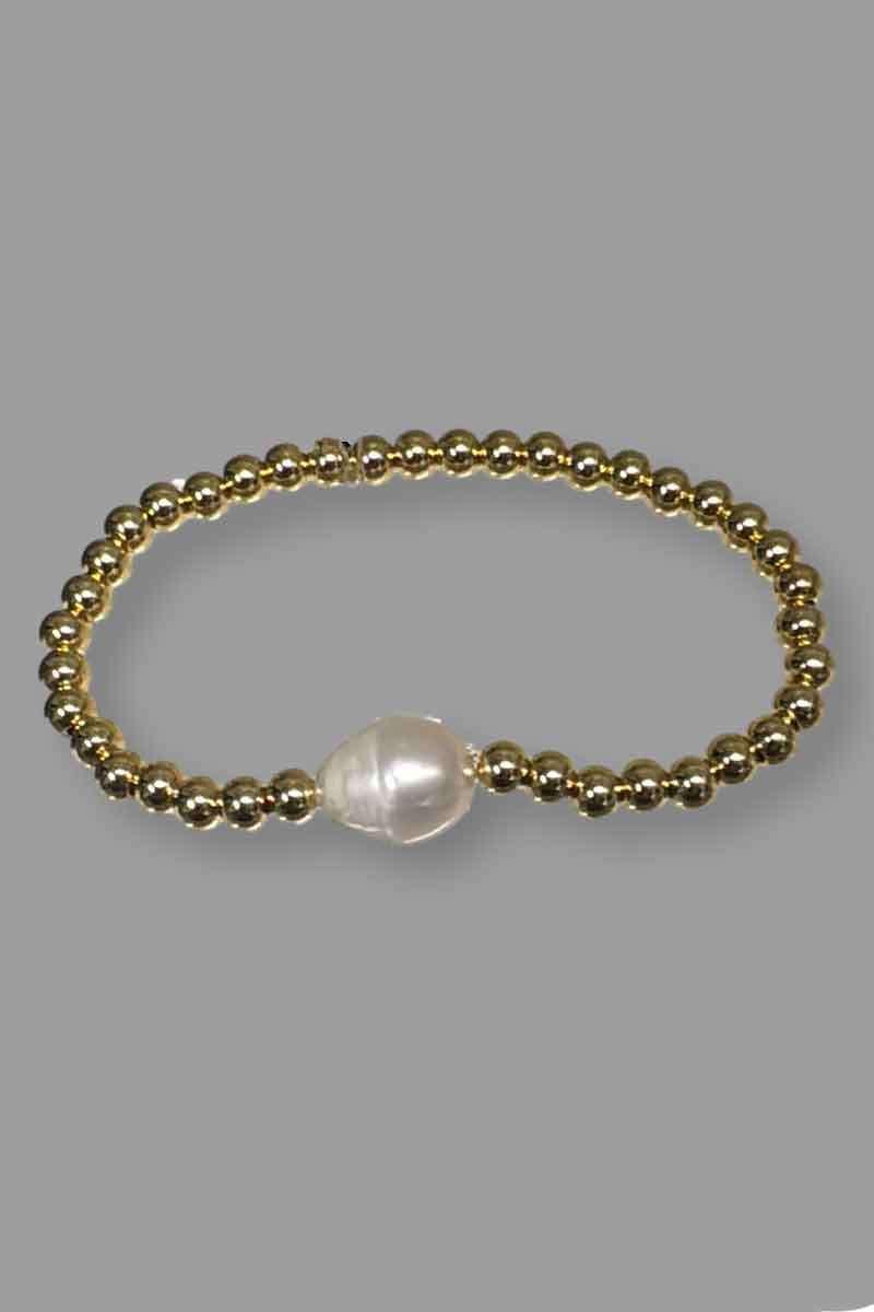 Gold Ball Stretch Bracelet with Baroque Pearl - Mildred Hoit