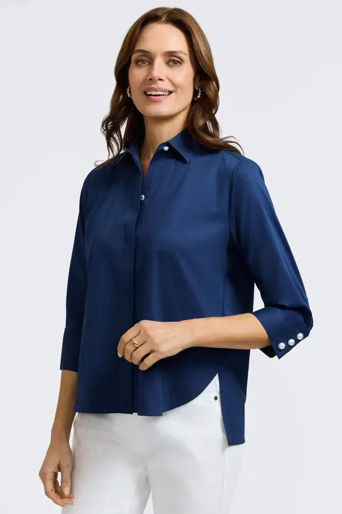 Foxcroft Pearl Sateen Shirt in Navy available at Mildred Hoit in Palm Beach.